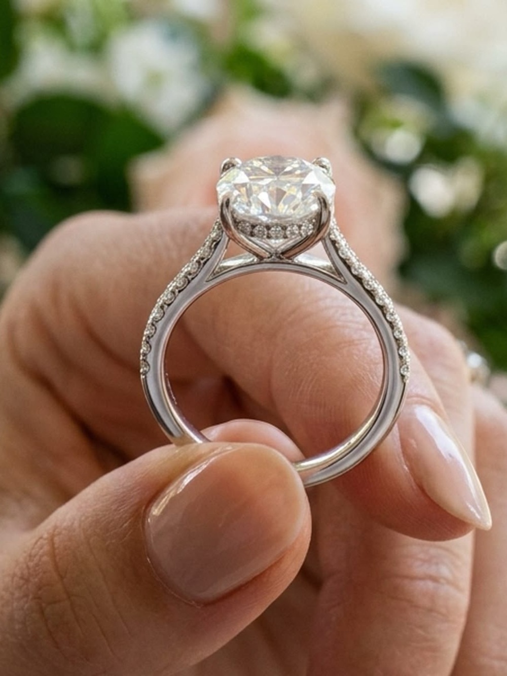 Classic White Gold Round Cut Solitaire Engagement Ring with Pave Band